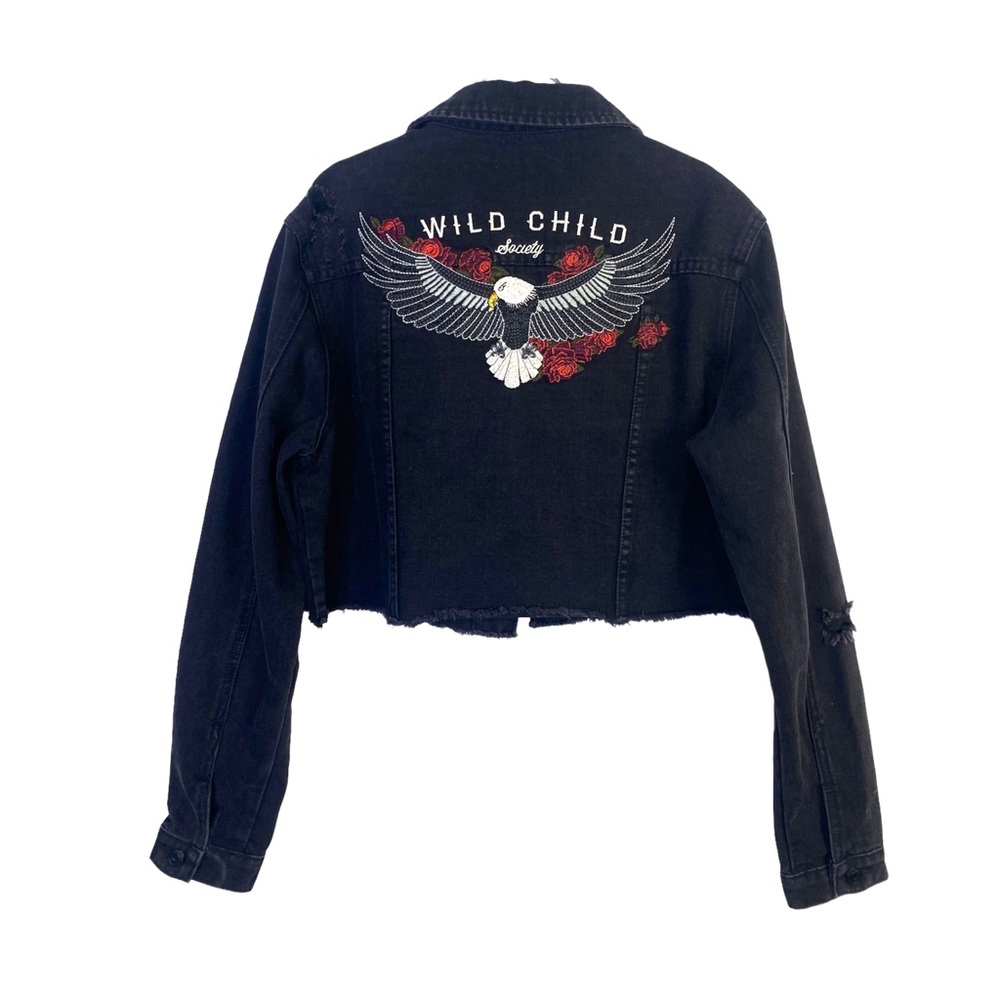 Simons Twik Cropped Denim Jacket Distressed Raw Hem Wild Child Embroidery Black